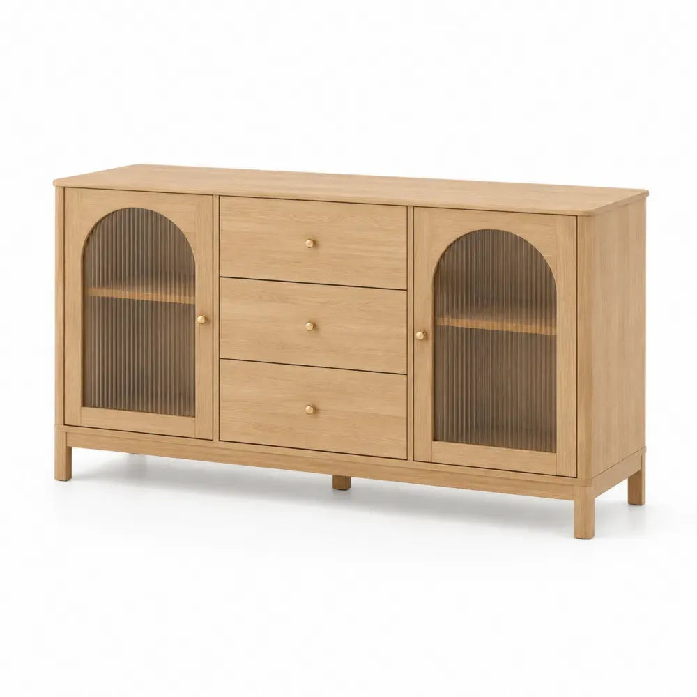 Sideboard Buffetschrank mit 2 Türen 3 Schubladen Riffelglas MDF Eiche-Dekor natur messingfarben 140 x 40 x 80 cm