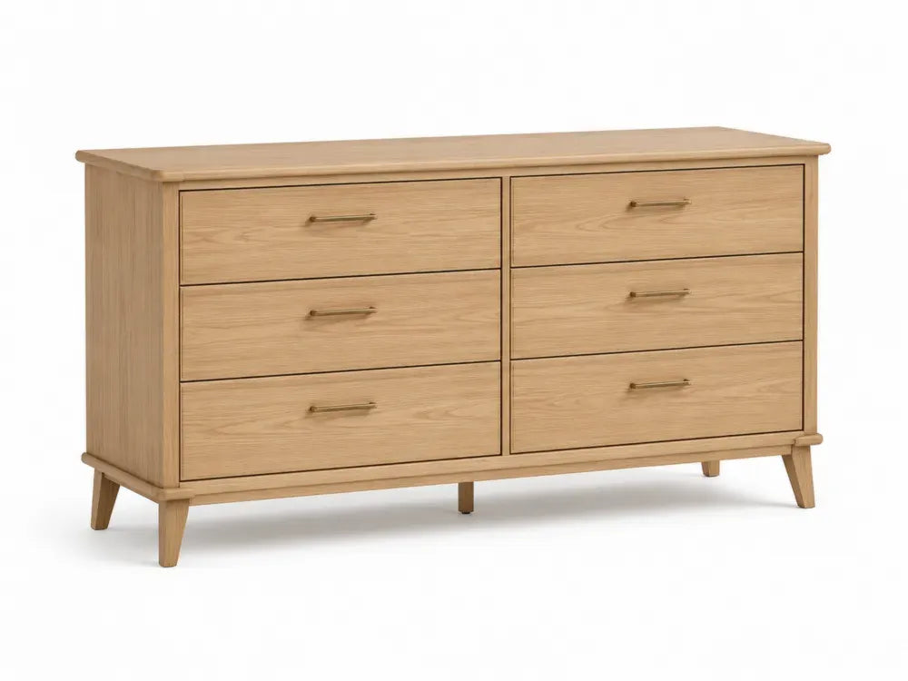 Kommode Sideboard mit 6 Schubladen rechteckig MDF Eichenfurnier Naturfarben Messingfarben 140 x 45 x 80 cm