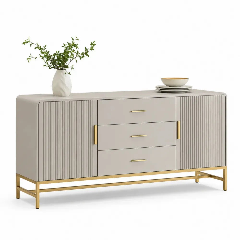 Sideboard Buffetschrank rechteckig mit 2 Türen 3 Schubladen MDF Stahl greige goldfarben 160 x 40 x 78 cm