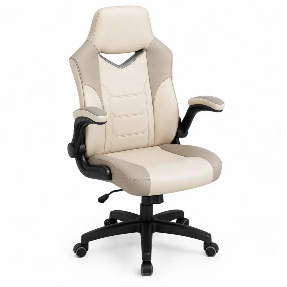 Bürostuhl Computerstuhl mit Rollen höhenverstellbar PU-Kunstleder hohe Rückenlehne Beige Taupe Schwarz 66 x 70 x 112-122 cm