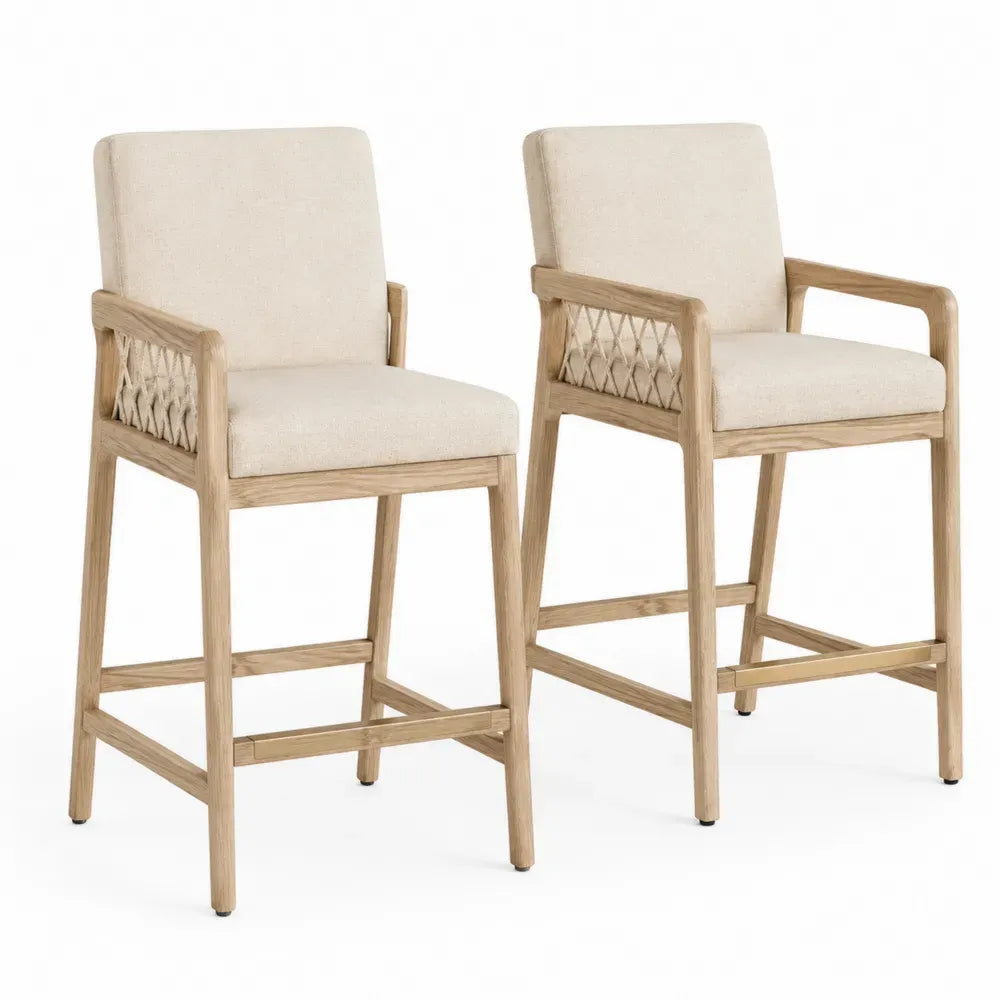 Barhocker 2er Set Tresenstühle mit Armlehnen Seitengeflecht Kautschukholz Polyestergewebe creme naturfarben messingfarben 54 x 57 x 104 cm
