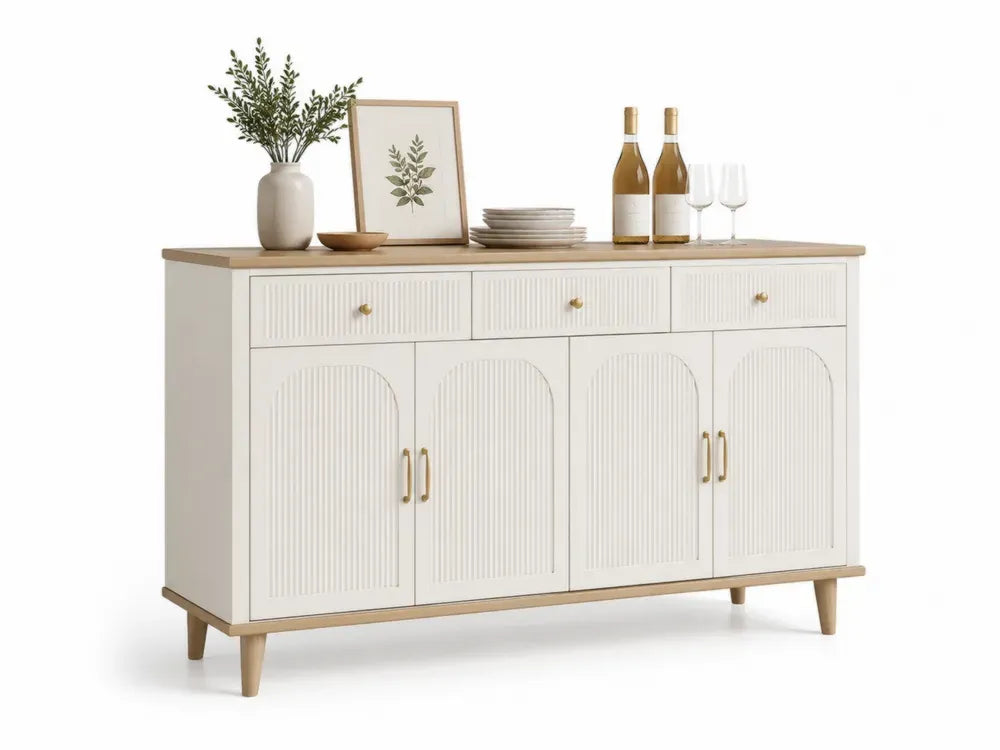 Sideboard Buffetschrank mit 3 Schubladen 4 Türen Rillenfronten MDF Kautschukholz cremeweiß naturfarben goldfarben 160 x 40 x 85 cm