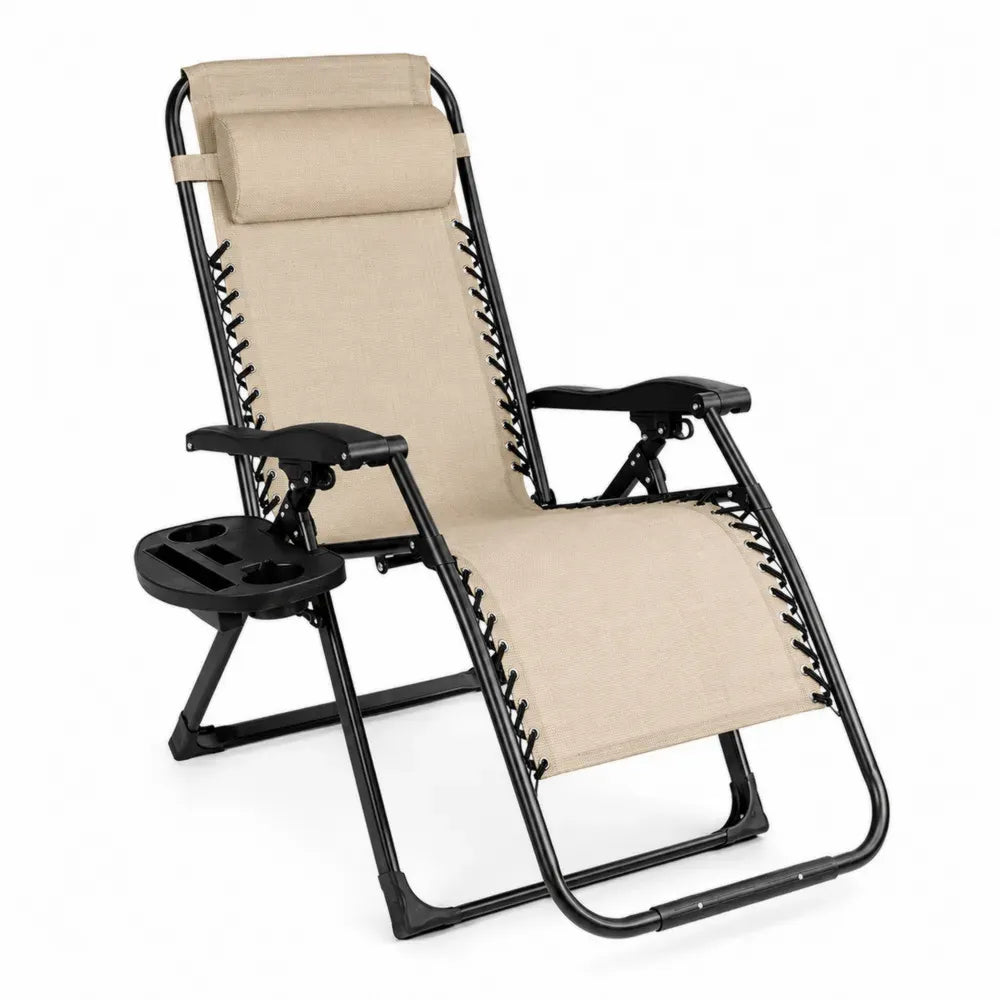 Gartenliege Relaxliege klappbar mit Kopfkissen und Becherhalter Textilene Stahl beige schwarz 165 x 65 x 110 cm