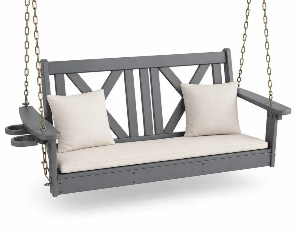 Gartenschaukel Hängesitzbank 3-Sitzer mit Ketten HDPE grau Polyesterkissen beige 152 x 63 x 58 cm