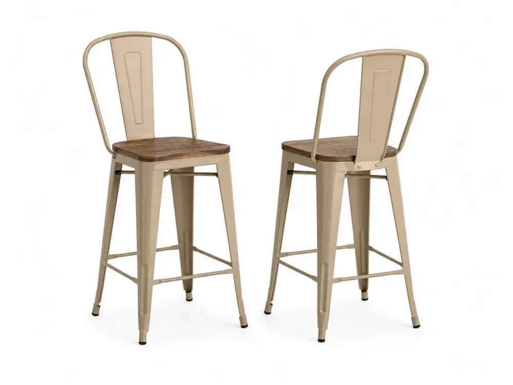 Barhocker 2er Set mit Rückenlehne rechteckigem Holzsitz Stahl Ulmenholz beige naturfarben 43 x 48 x 110 cm