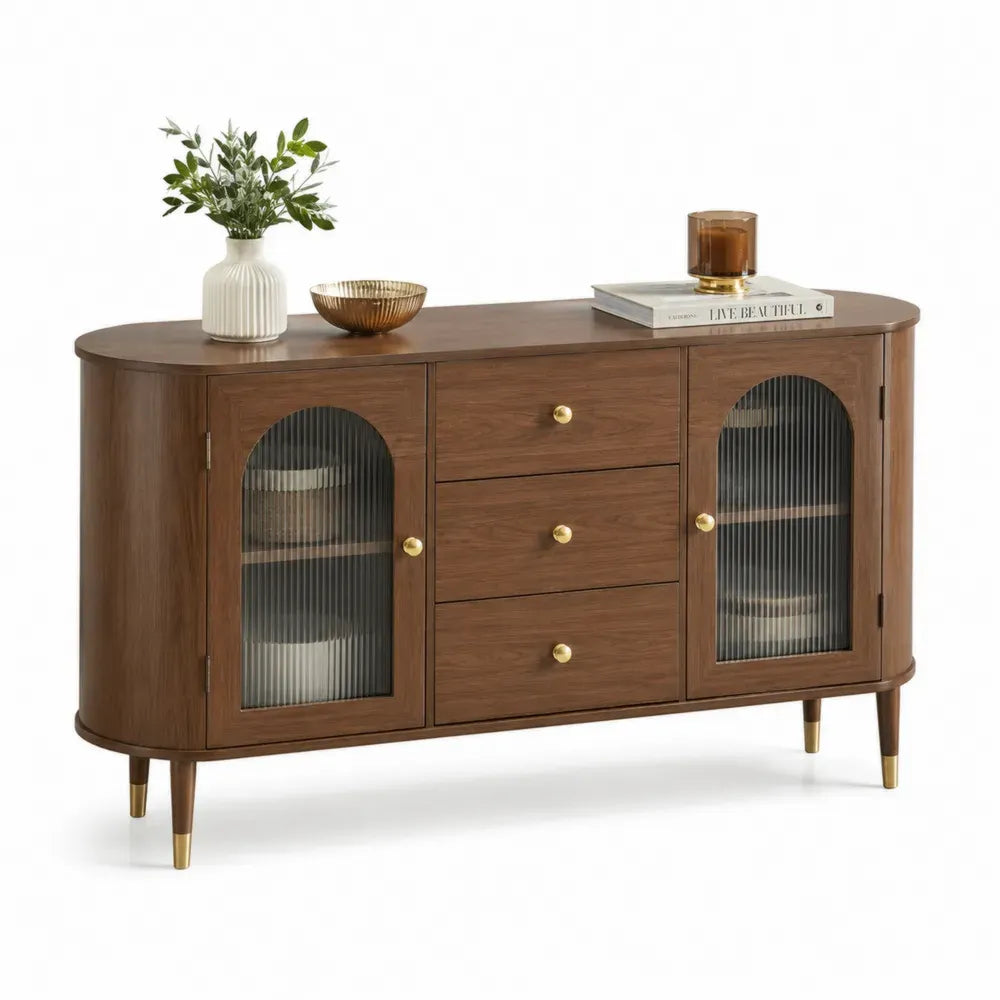 Sideboard Buffetschrank mit 2 Riffelglastüren und 3 Schubladen MDF Walnussfurnier walnussbraun messingfarben 150 x 40 x 80 cm