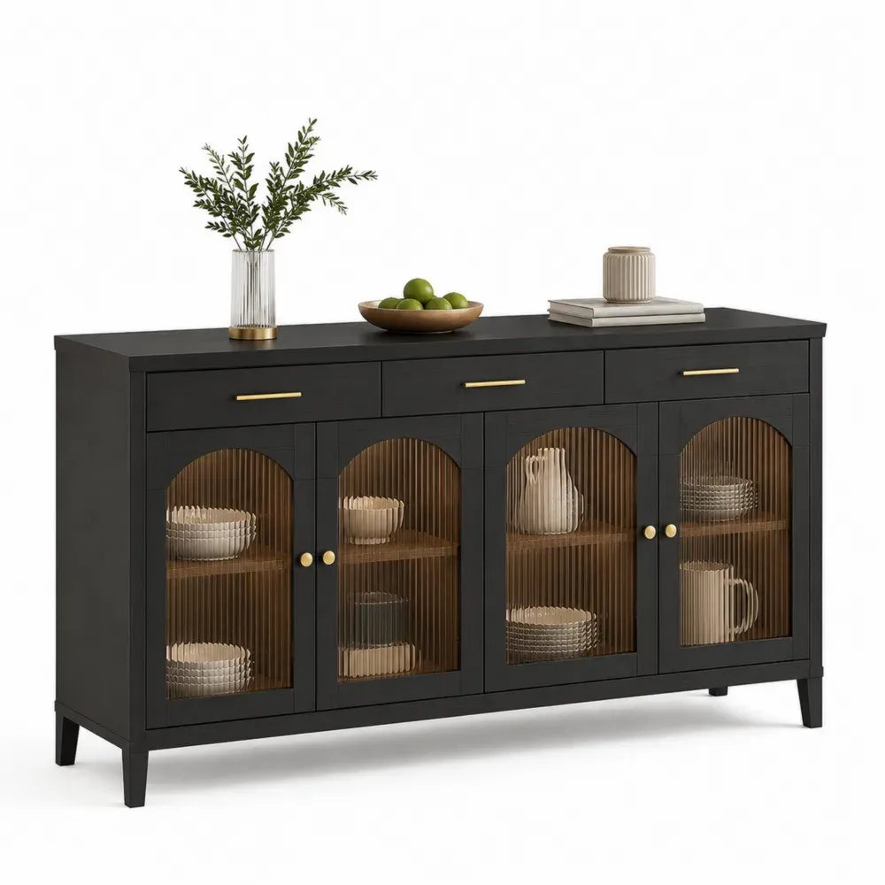 Sideboard Buffetschrank rechteckig mit 3 Schubladen 4 Riffelglastüren MDF schwarz goldfarben 160 x 40 x 85 cm