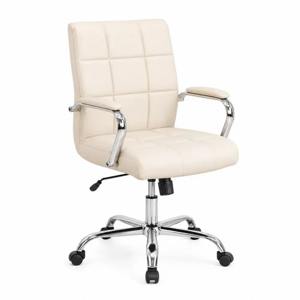 Bürostuhl Schreibtischstuhl mit Rollen höhenverstellbar PU-Kunstleder verchromter Stahl rechteckige Sitzfläche Cremeweiß Chromfarben 58 x 62 x 90-102 cm