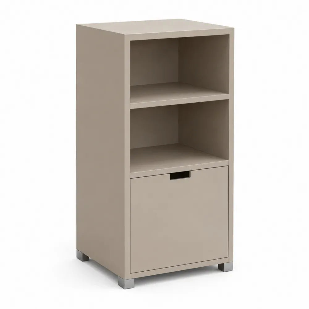 Aufbewahrungsschrank Regal mit 2 offenen Fächern und Tür rechteckig MDF Taupe Schwarz Silberfarben 40 x 35 x 100 cm