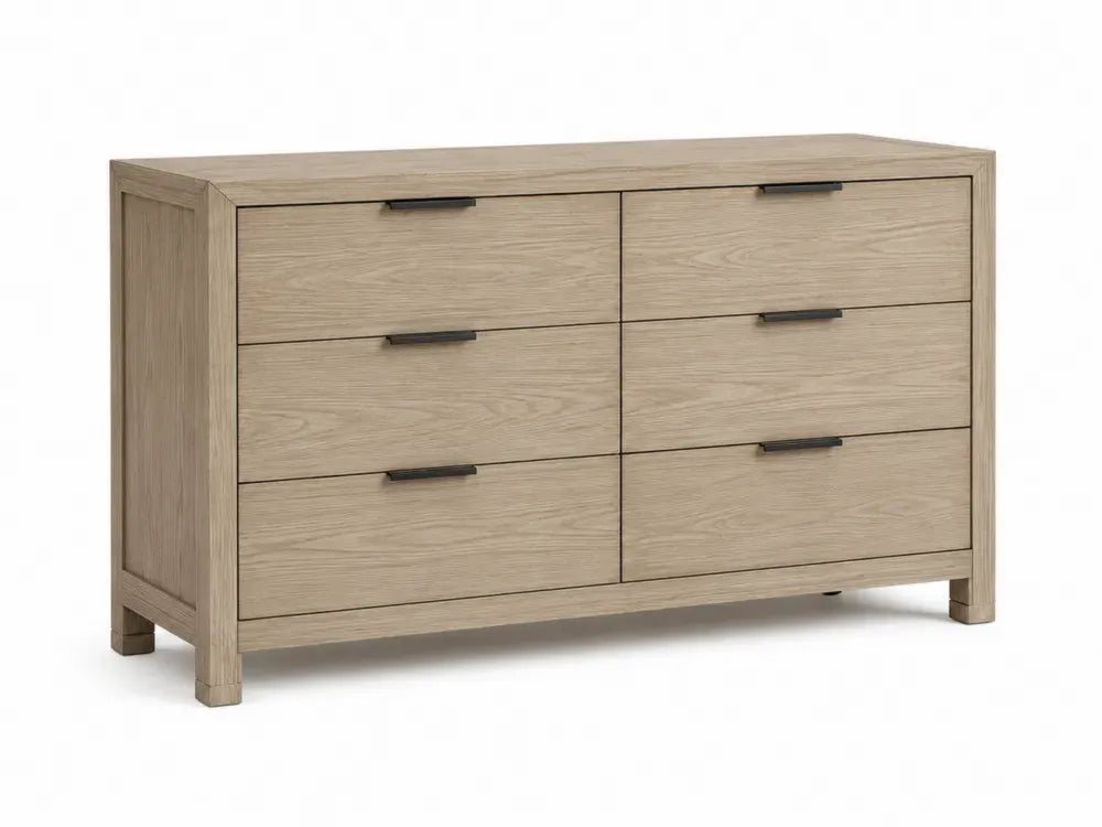 Kommode Sideboard mit 6 Schubladen rechteckig MDF Eichenfurnier Naturfarben Schwarz 140 x 45 x 80 cm