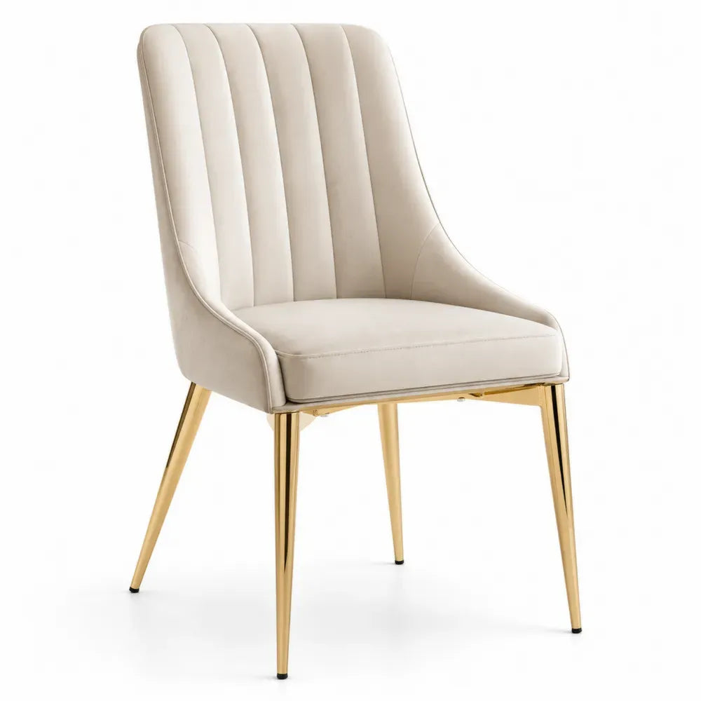Esszimmerstuhl Polsterstuhl mit hoher Rückenlehne und Kanalsteppung Polyester-Velours Stahl creme goldfarben 49 x 62 x 91 cm