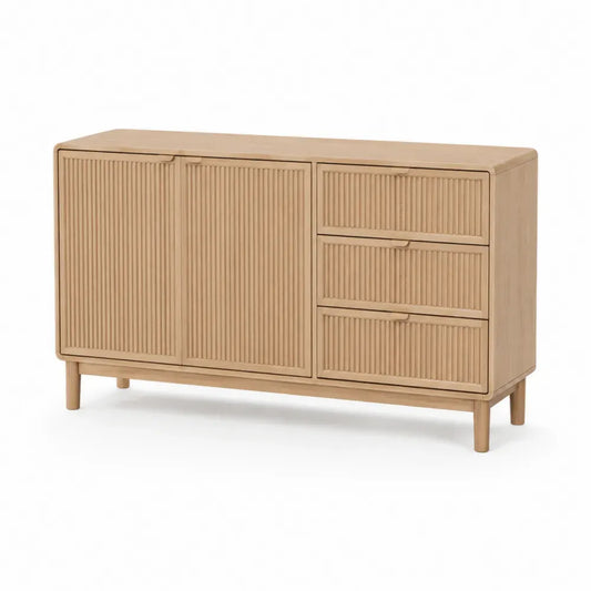 Aufbewahrungsschrank Sideboard mit 2 Türen und 3 Schubladen MDF Eiche Dekor Natur gerillte Front 120 x 40 x 78 cm