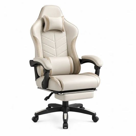 Bürostuhl mit Fußstütze höhenverstellbar PU-Kunstleder rechteckige Sitzfläche Creme Beige Schwarz 68 x 70 x 122-132 cm