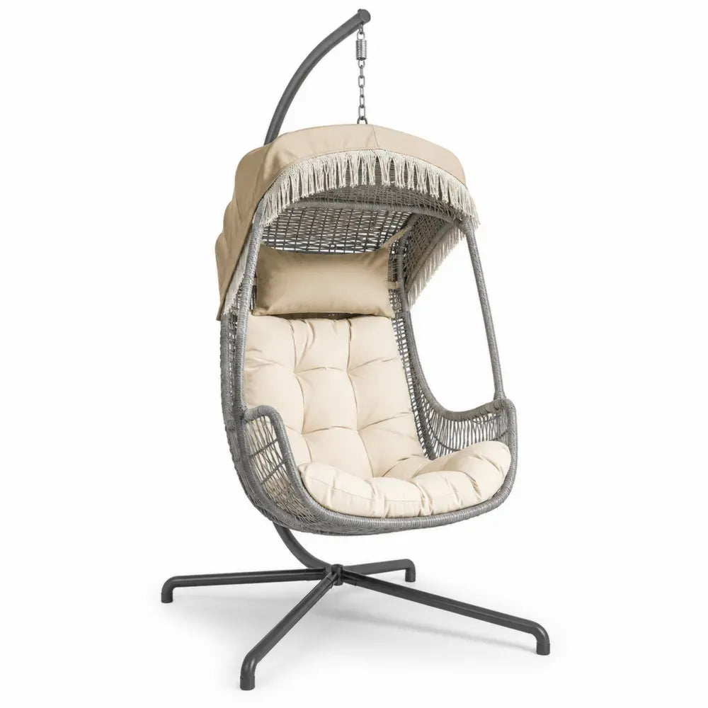 Hängesessel mit Gestell und Sonnendach Ei-Form PE-Rattan pulverbeschichteter Stahl cremefarben grau 105 x 105 x 195 cm