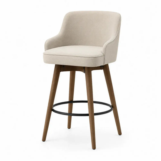 Barhocker mit Rückenlehne Armauflagen Fußring Polyestergewebe Kautschukholz beige braun schwarz 56 x 56 x 94 cm
