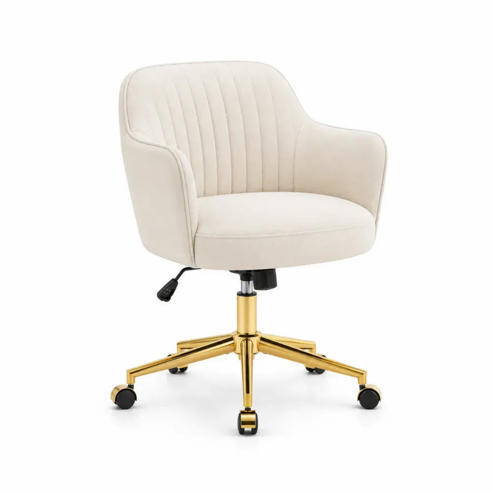 Bürostuhl Computerstuhl mit Rollen höhenverstellbar Polyester-Samt PU-Schaum Schalensitz Beige Goldfarben 60 x 62 x 86-96 cm