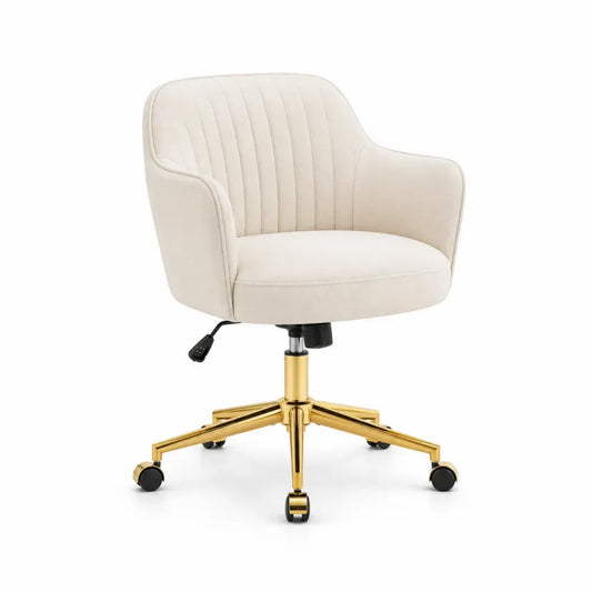 Bürostuhl Computerstuhl mit Rollen höhenverstellbar Polyester-Samt PU-Schaum Schalensitz Beige Goldfarben 60 x 62 x 86-96 cm