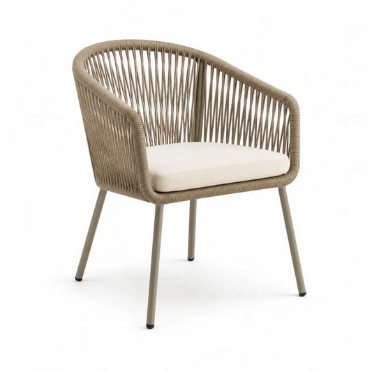 Gartenstuhl mit Armlehnen und Sitzkissen halbrund Aluminium PE-Seil taupe beige 65 x 63 x 76 cm