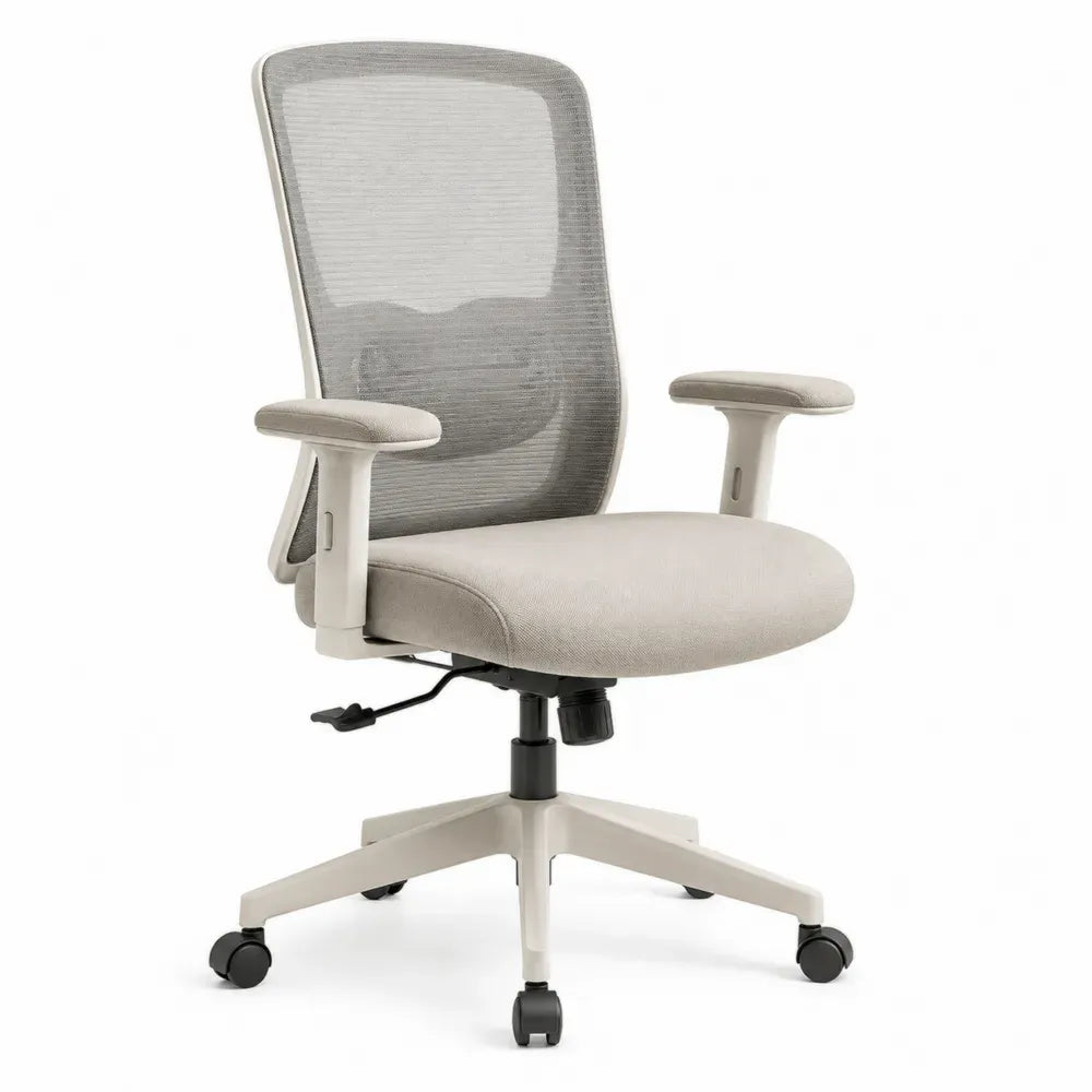Bürostuhl Computerstuhl mit Rollen höhenverstellbar Polyester-Netzrücken PU-Schaum PP-Gestell Cremeweiß Grau Beige-Grau 62 x 64 x 92-102 cm