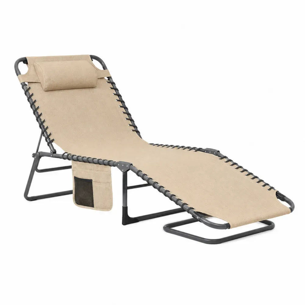Gartenliege Relaxliege klappbar verstellbar mit Kopfkissen und Seitentasche Textilene Stahl beige dunkelgrau 165 x 65 x 110 cm