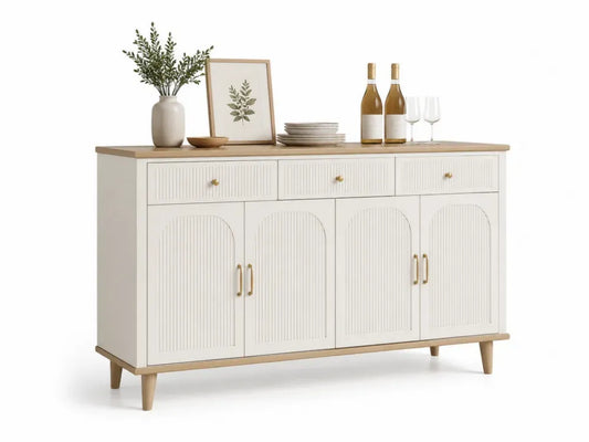 Sideboard Buffetschrank mit 3 Schubladen 4 Türen Rillenfronten MDF Kautschukholz cremeweiß naturfarben goldfarben 160 x 40 x 85 cm