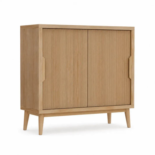 Aufbewahrungsschrank Sideboard mit 2 Schiebetüren Lamellenfront MDF Eichefurnier Kautschukholz Naturfarben 100 x 40 x 85 cm