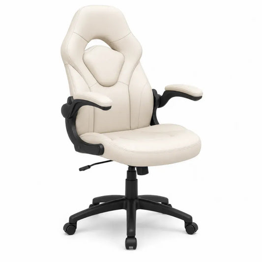 Bürostuhl Computerstuhl mit Rollen höhenverstellbar PU-Kunstleder hohe Rückenlehne Beige Schwarz 66 x 70 x 115-125 cm