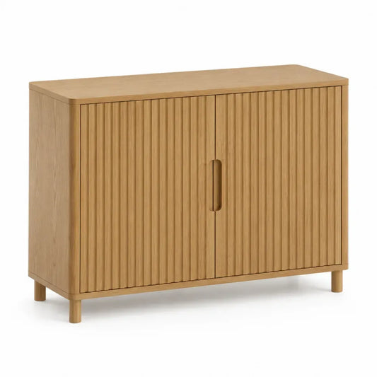 Aufbewahrungsschrank Sideboard mit 2 Türen Lamellenfront MDF Eiche Dekor Kautschukholz Naturfarben 100 x 40 x 80 cm