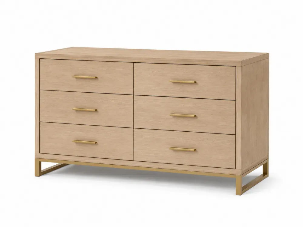 Kommode Sideboard mit 6 Schubladen rechteckig MDF Eichenfurnier Naturfarben Messingfarben 140 x 45 x 78 cm