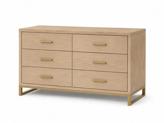 Kommode Sideboard mit 6 Schubladen rechteckig MDF Eichenfurnier Naturfarben Messingfarben 140 x 45 x 78 cm