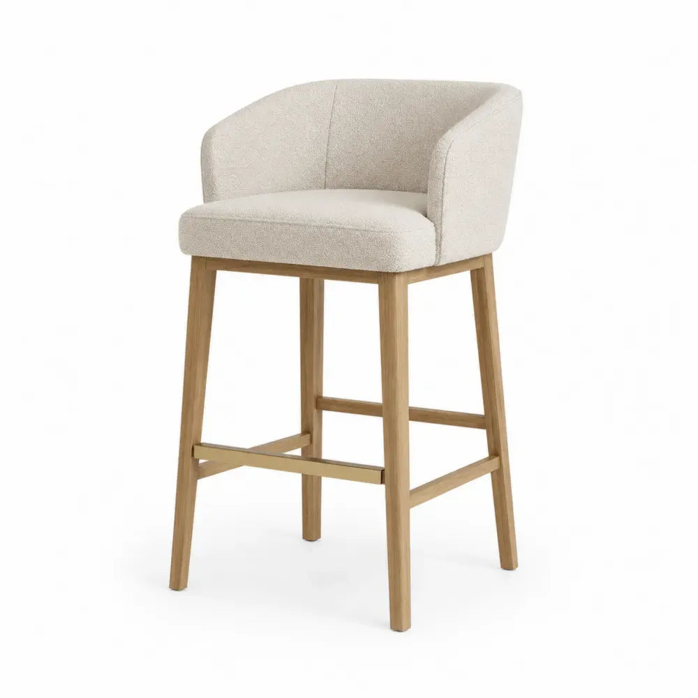 Barhocker Thekenstuhl mit Armlehnen und Fußauflage Polyester-Bouclé Kautschukholz beige naturfarben messingfarben 55 x 56 x 94 cm