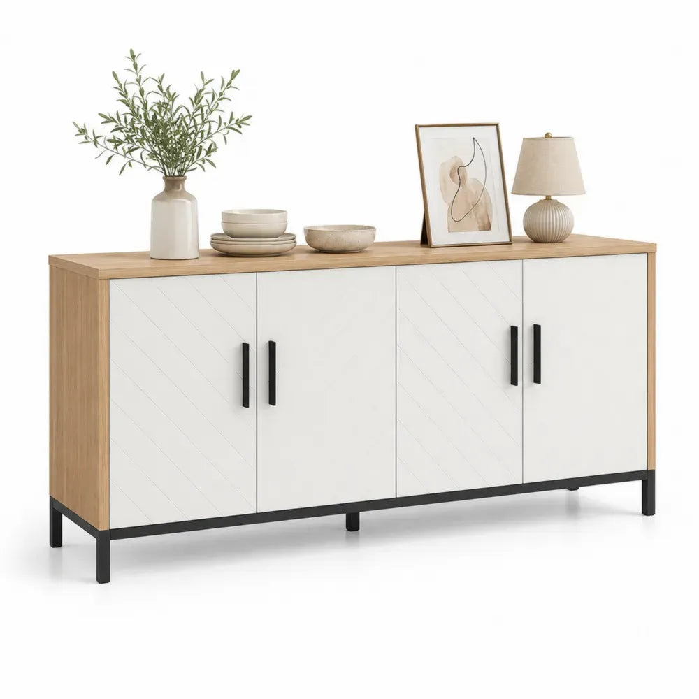 Sideboard Buffetschrank rechteckig mit 4 Türen MDF Eiche-Dekor weiß naturfarben schwarz 160 x 40 x 80 cm