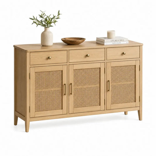 Sideboard Buffetschrank mit 3 Schubladen 3 Rattantüren MDF Eichenfurnier Rattan naturholz messingfarben 140 x 40 x 80 cm
