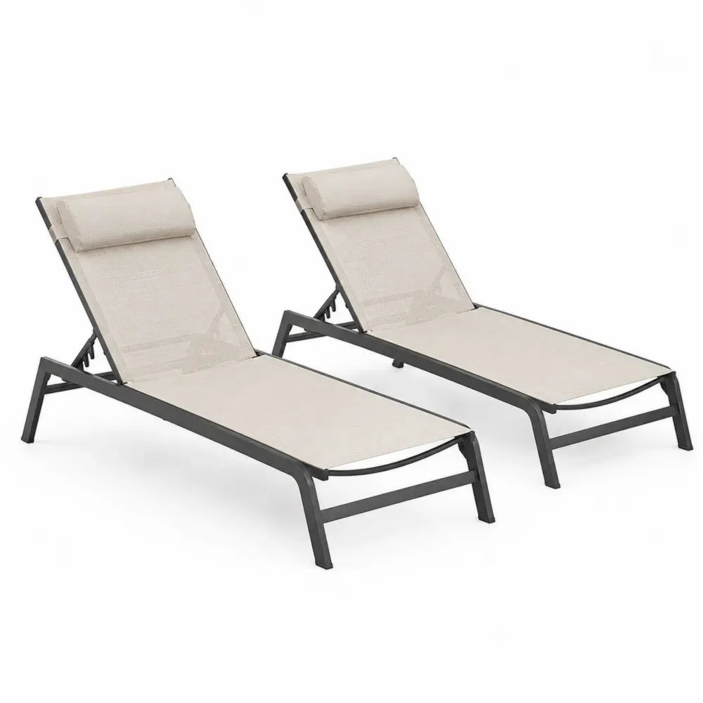 Gartenliegen 2er Set verstellbar mit Kopfkissen rechteckig Textilene Aluminium beige dunkelgrau 190 x 65 x 90 cm