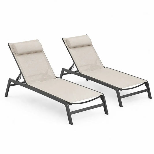 Gartenliegen 2er Set verstellbar mit Kopfkissen rechteckig Textilene Aluminium beige dunkelgrau 190 x 65 x 90 cm
