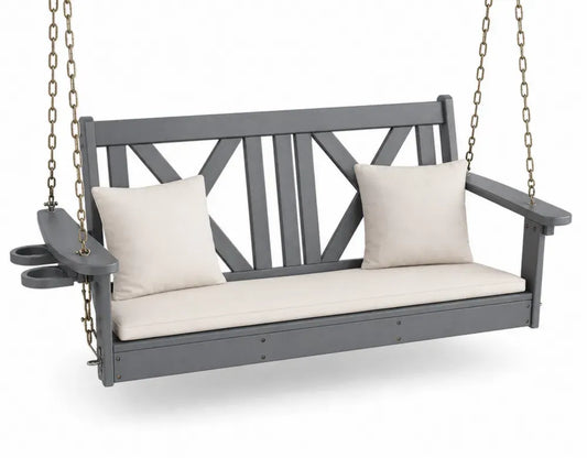 Gartenschaukel Hängesitzbank 3-Sitzer mit Ketten HDPE grau Polyesterkissen beige 152 x 63 x 58 cm