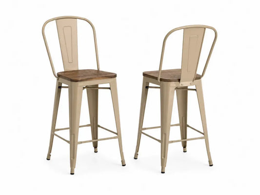Barhocker 2er Set mit Rückenlehne rechteckigem Holzsitz Stahl Ulmenholz beige naturfarben 43 x 48 x 110 cm