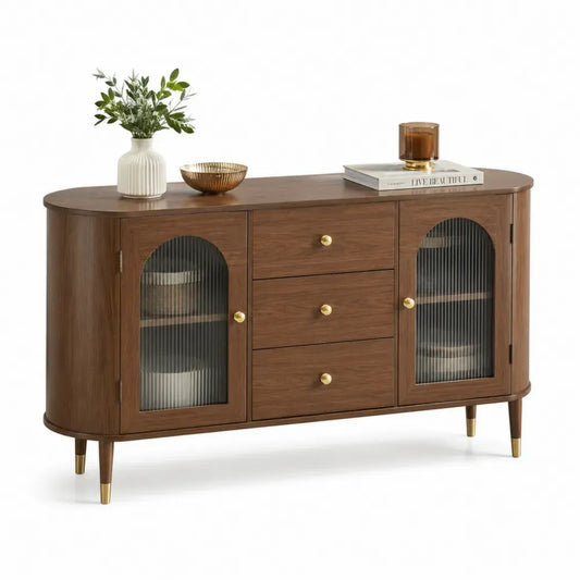 Sideboard Buffetschrank mit 2 Riffelglastüren und 3 Schubladen MDF Walnussfurnier walnussbraun messingfarben 150 x 40 x 80 cm