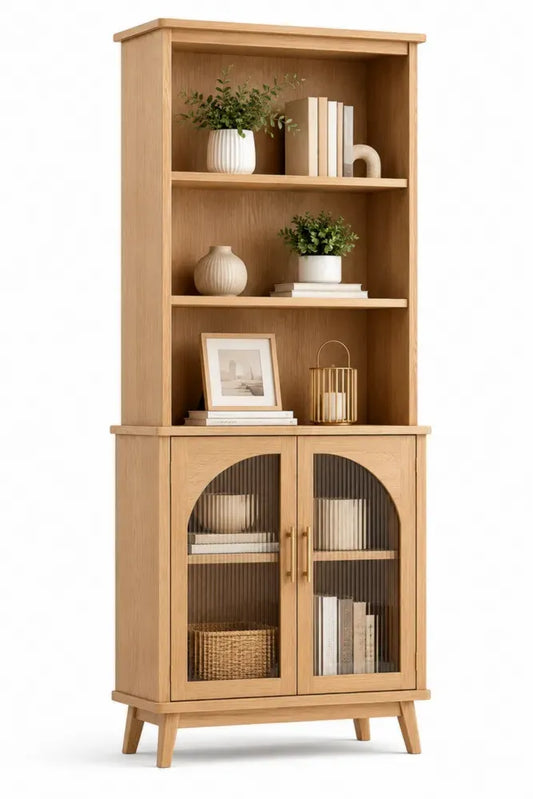 Aufbewahrungsschrank mit offenem Regal und 2 Türen Riffelglas MDF Eichefurnier Kautschukholz Naturfarben Messingfarben 80 x 40 x 180 cm
