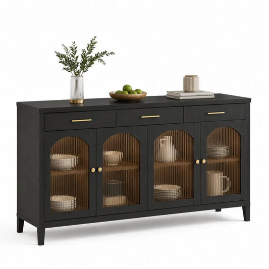 Sideboard Buffetschrank rechteckig mit 3 Schubladen 4 Riffelglastüren MDF schwarz goldfarben 160 x 40 x 85 cm