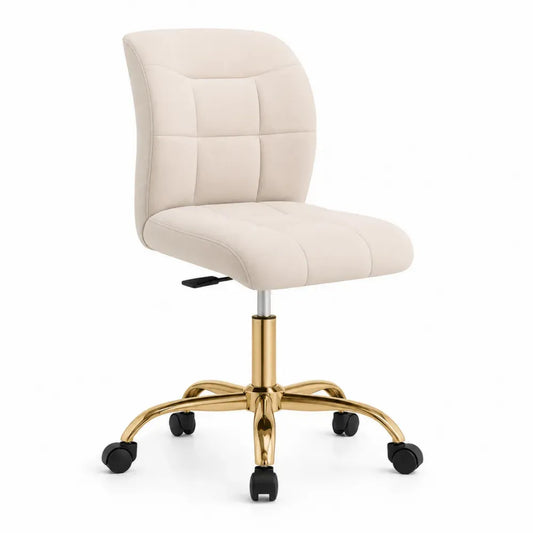 Bürostuhl ohne Armlehnen Drehstuhl mit Rollen höhenverstellbar PU-Kunstleder rechteckige Sitzfläche Creme Goldfarben Sitzfläche 45 x 43 cm Sitzhöhe 43-55 cm