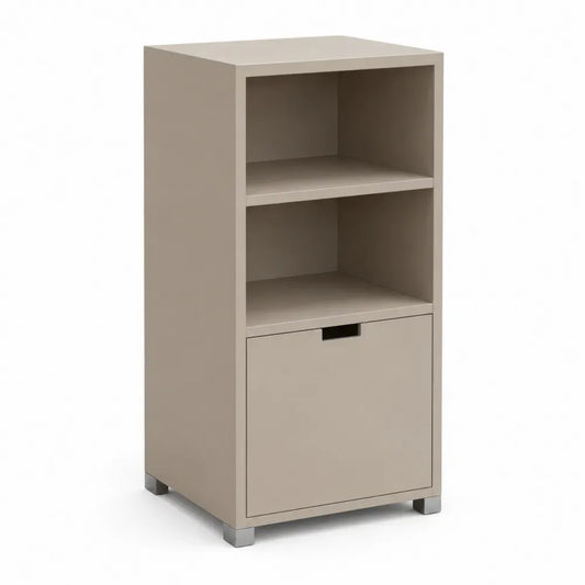Aufbewahrungsschrank Regal mit 2 offenen Fächern und Tür rechteckig MDF Taupe Schwarz Silberfarben 40 x 35 x 100 cm