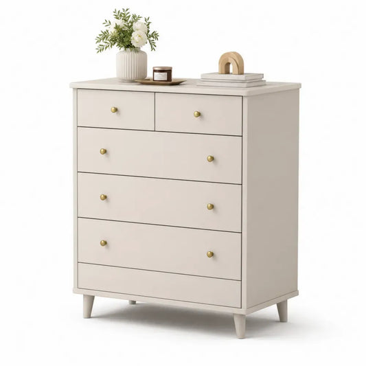 Kommode mit 5 Schubladen rechteckig MDF HDF PU-Lackierung Creme Messingfarben 90 x 40 x 100 cm