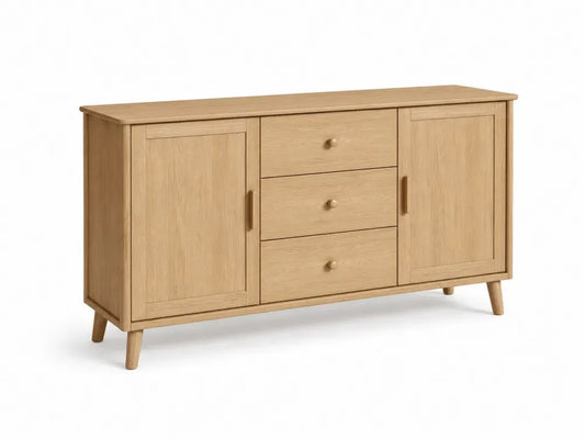 Aufbewahrungsschrank Sideboard mit 2 Türen und 3 Schubladen MDF Eichefurnier Naturfarben Messingfarben 140 x 40 x 80 cm